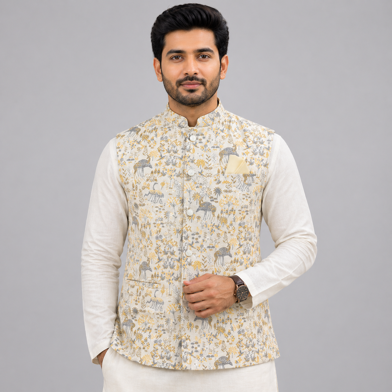 Light Grey Jacquard Nehru Jacket for Men | Designer Ethnic Koti | Wedding & Festive Wear