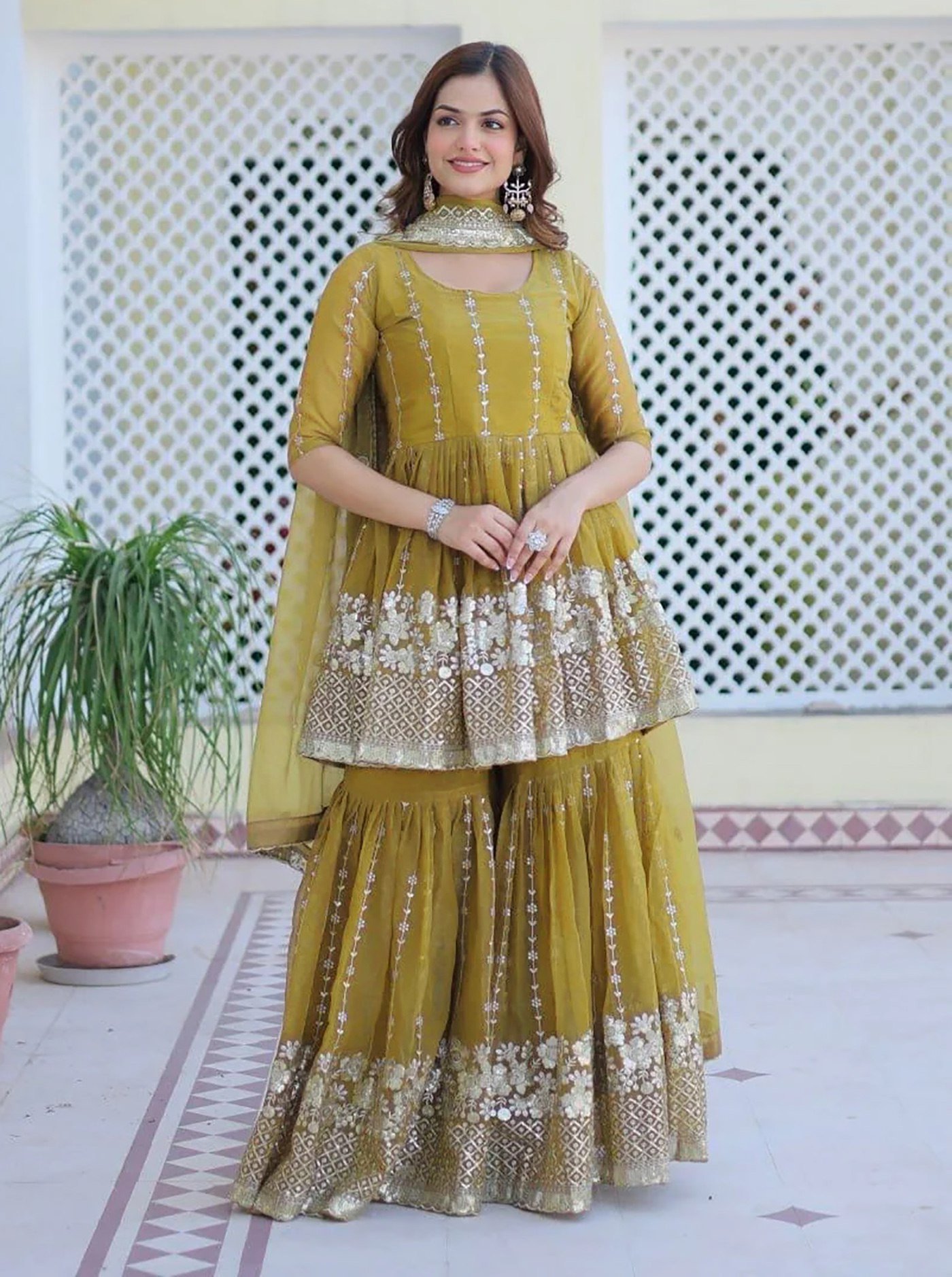 Women’s Mustard Georgette Embroidered Kurta Sharara with Dupatta Set