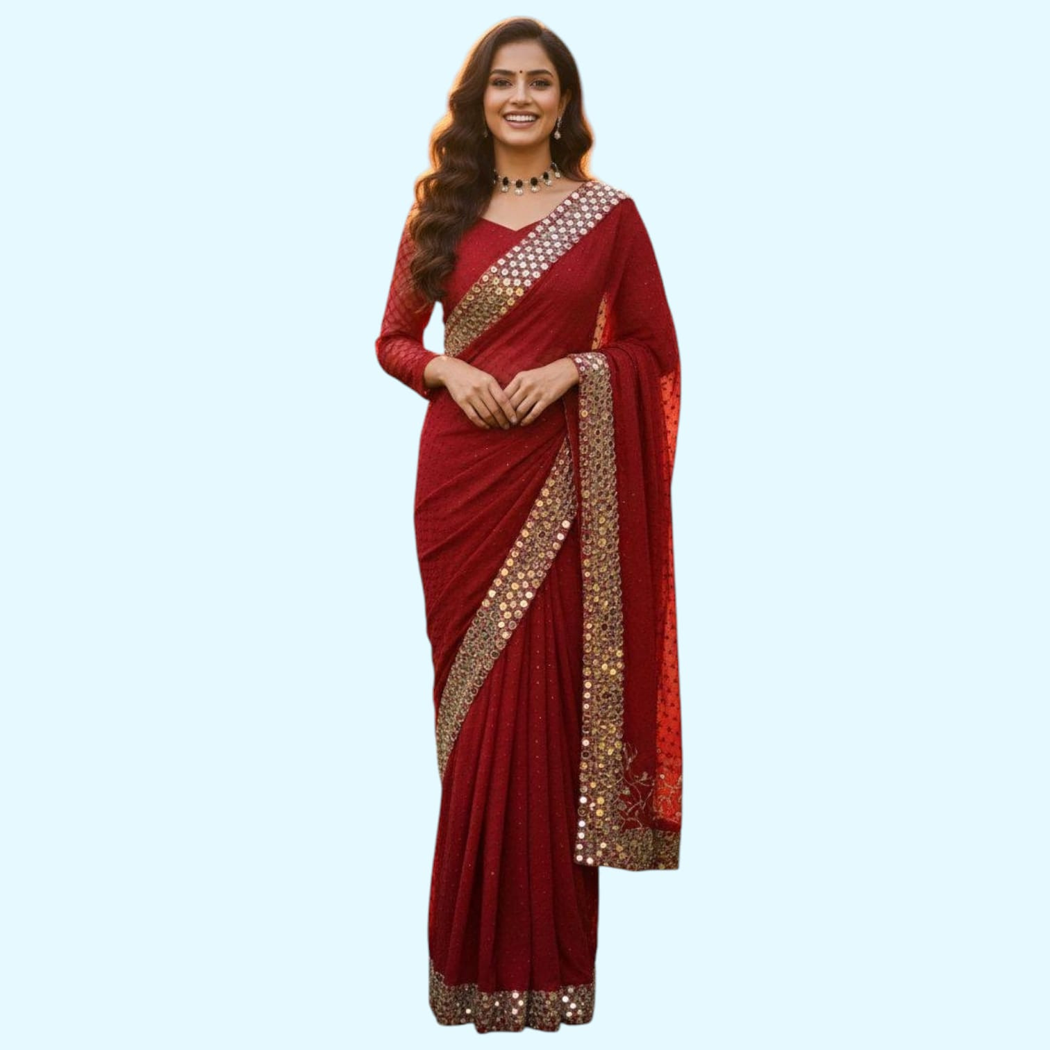 Premium Faux Georgette Ready-to-Wear Saree with Embroidery Sequins & Real Mirror Work