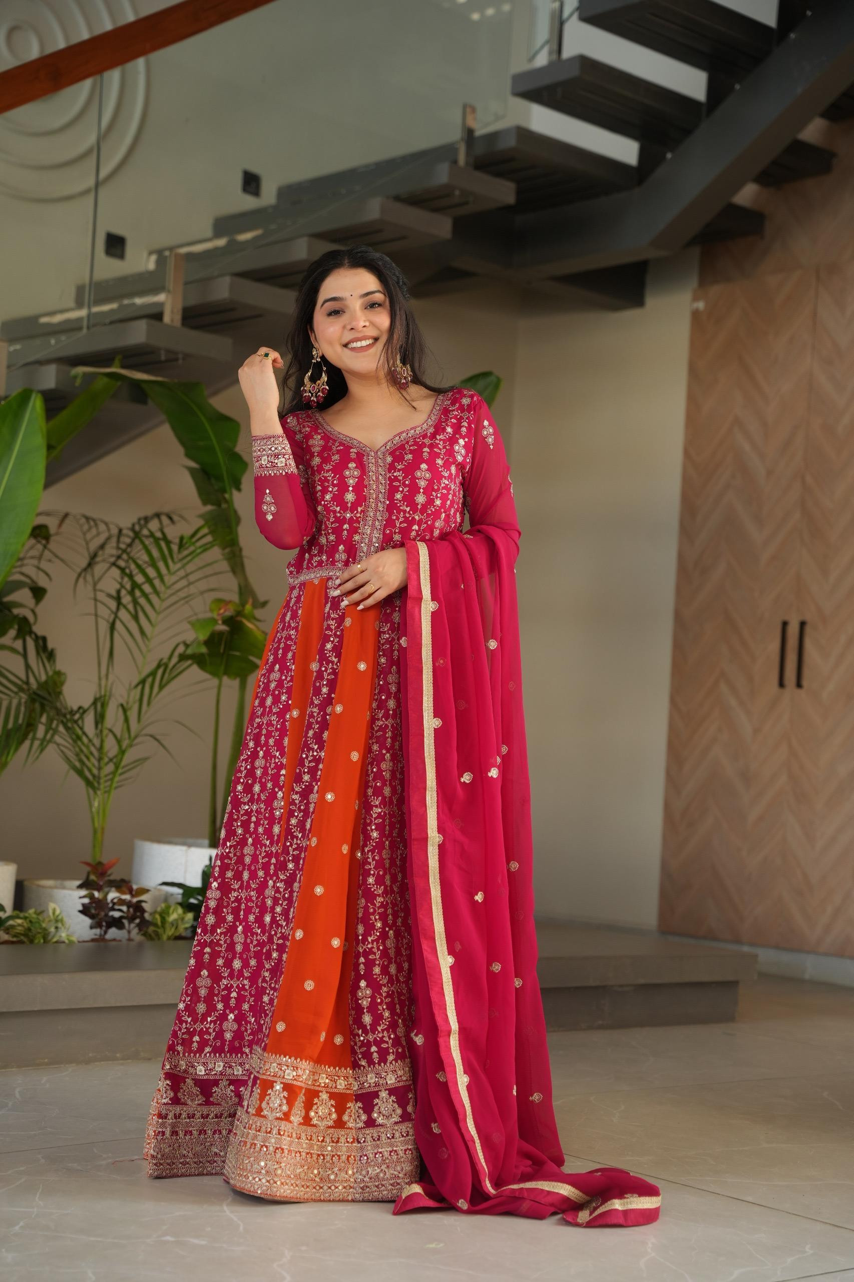 Royal Blossom Embroidered Gown Set with Matching Dupatta