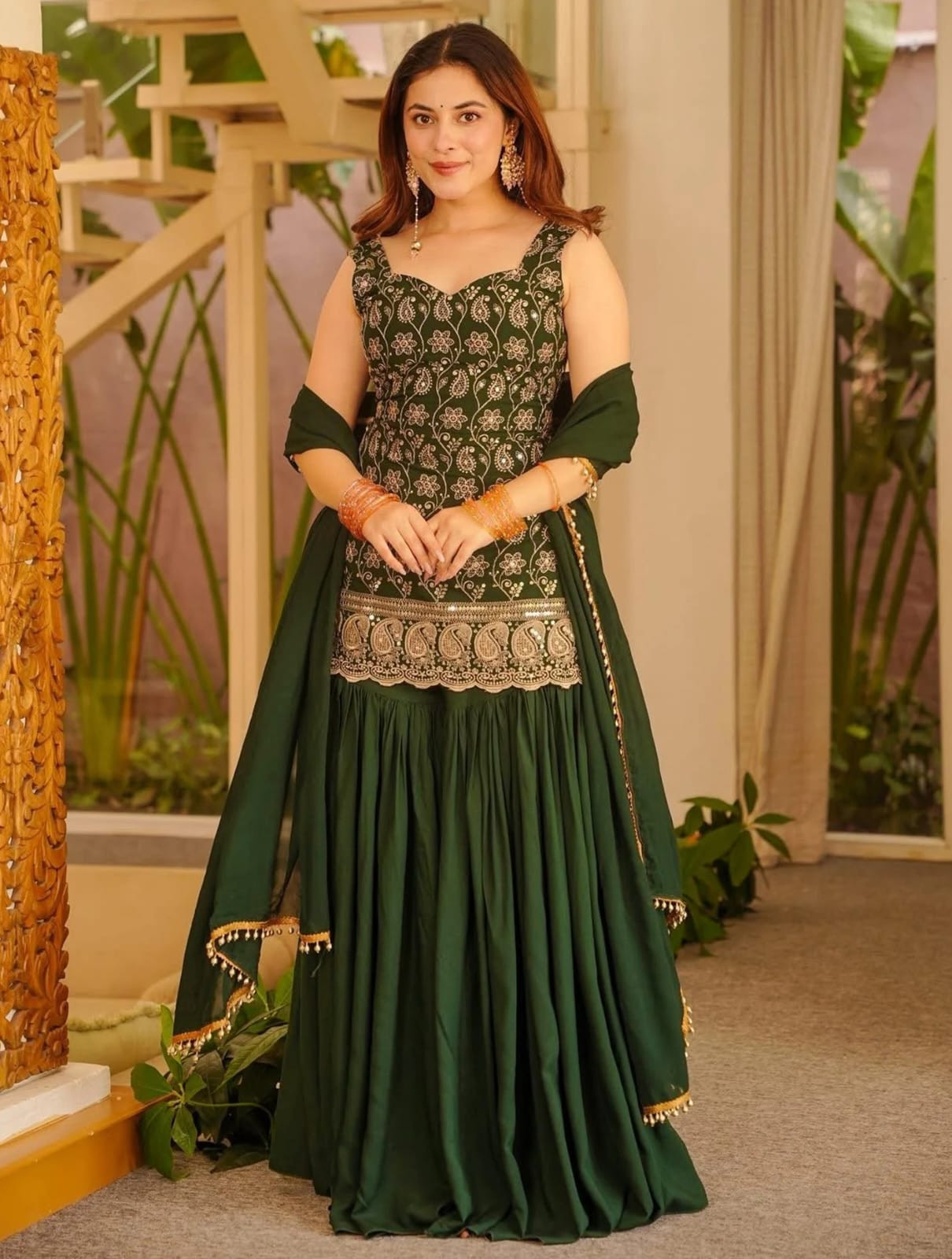 Green & Maroon Embroidered French Crepe Kurta with Sarara & Dupatta Set
