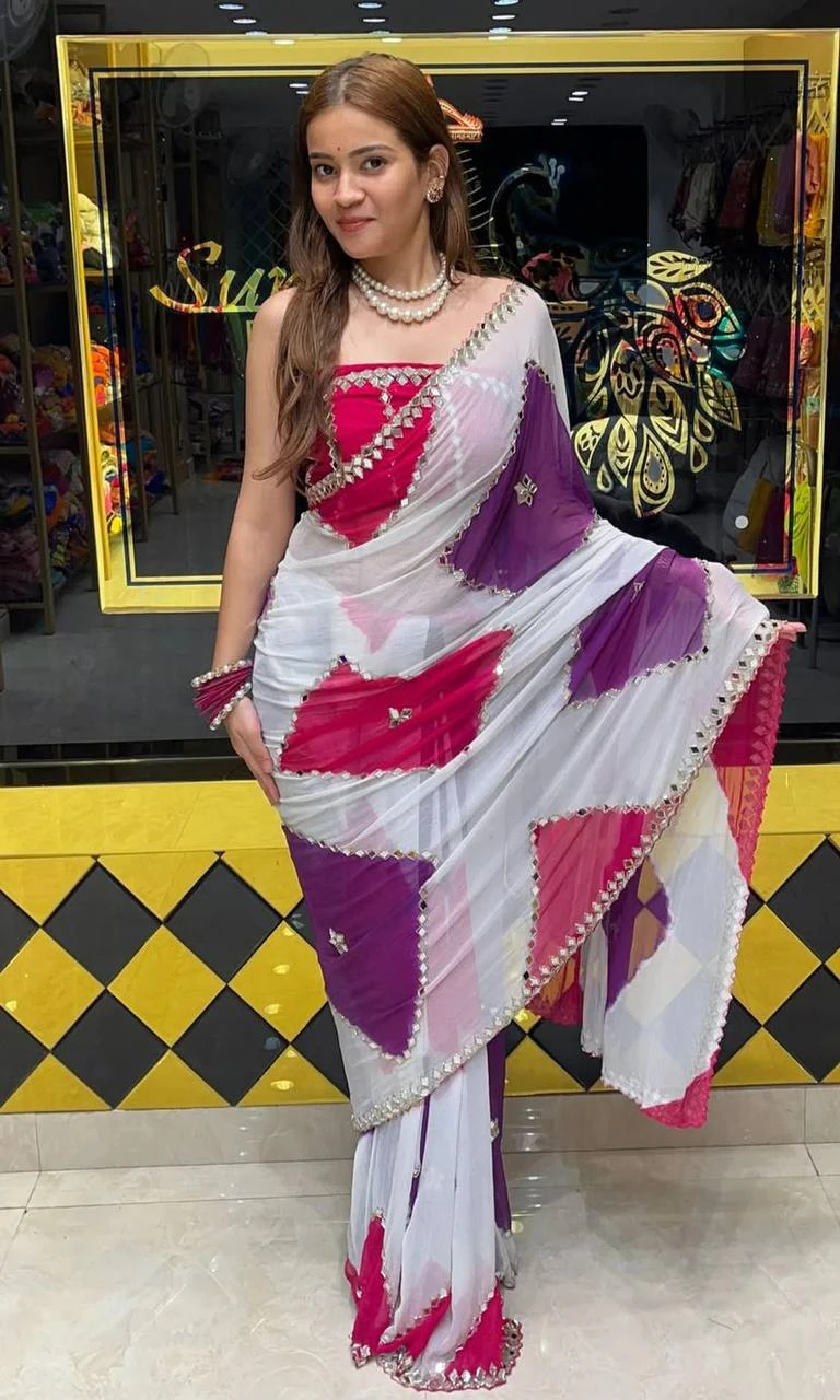 Premium Faux Georgette Real Mirror Embroidery Digital Print Saree with Embroidered Unstitched Blouse