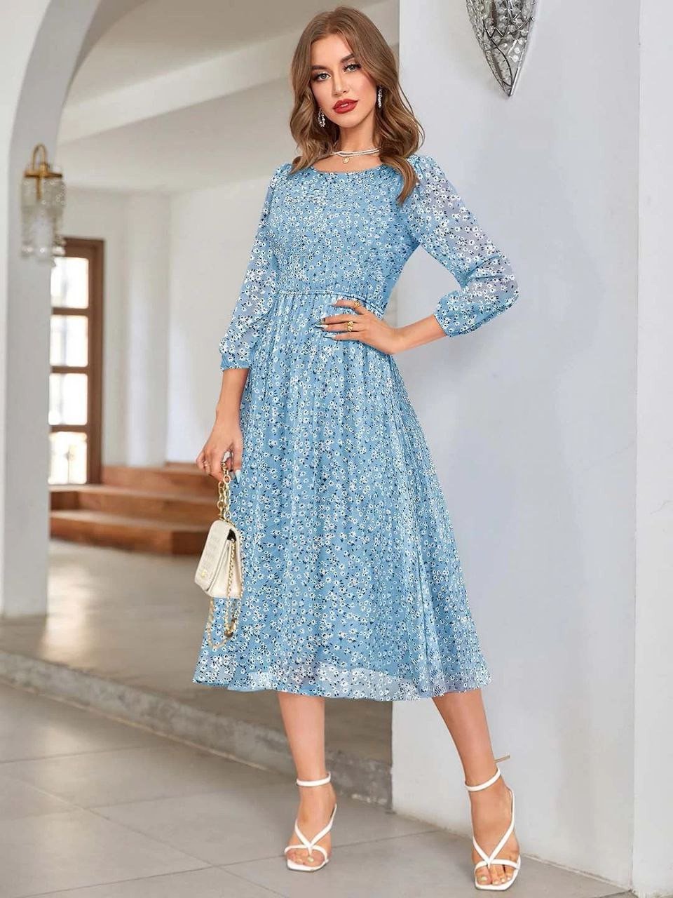 Premium Readymade Georgette Western Midi Dress | Digital Print | Fit & Flare | Bell Sleeves