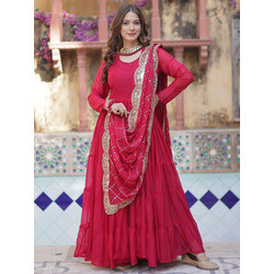 Embroidered Georgette Stitched Anarkali Gown with Dupatta – Pink | Full Sleeve | Party & Festive Wear