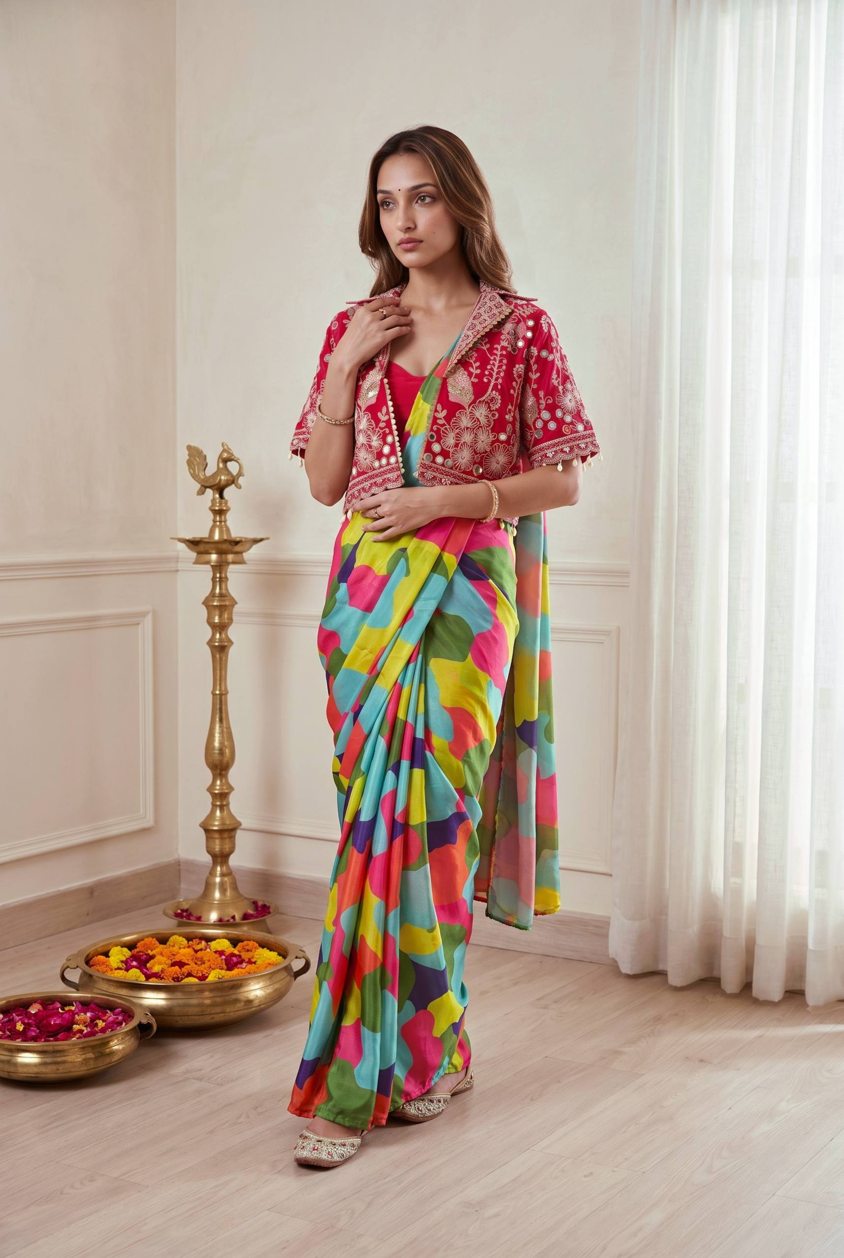 Premium Ready-to-Wear Heavy Chinon Silk Saree with Embroidery Mirror Work Koti