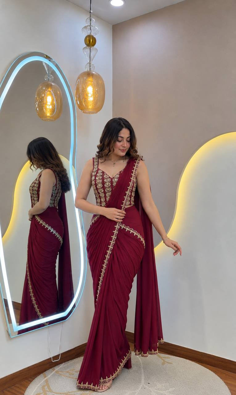 Premium Wine Ready-to-Wear Crepe Silk Saree with Golden Foil Embroidery & Belt
