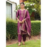 Women’s Jacquard Silk Kurta Pant Dupatta Set | Woven Design Kurti with Pants & Dupatta | Purple Ethnic Wear