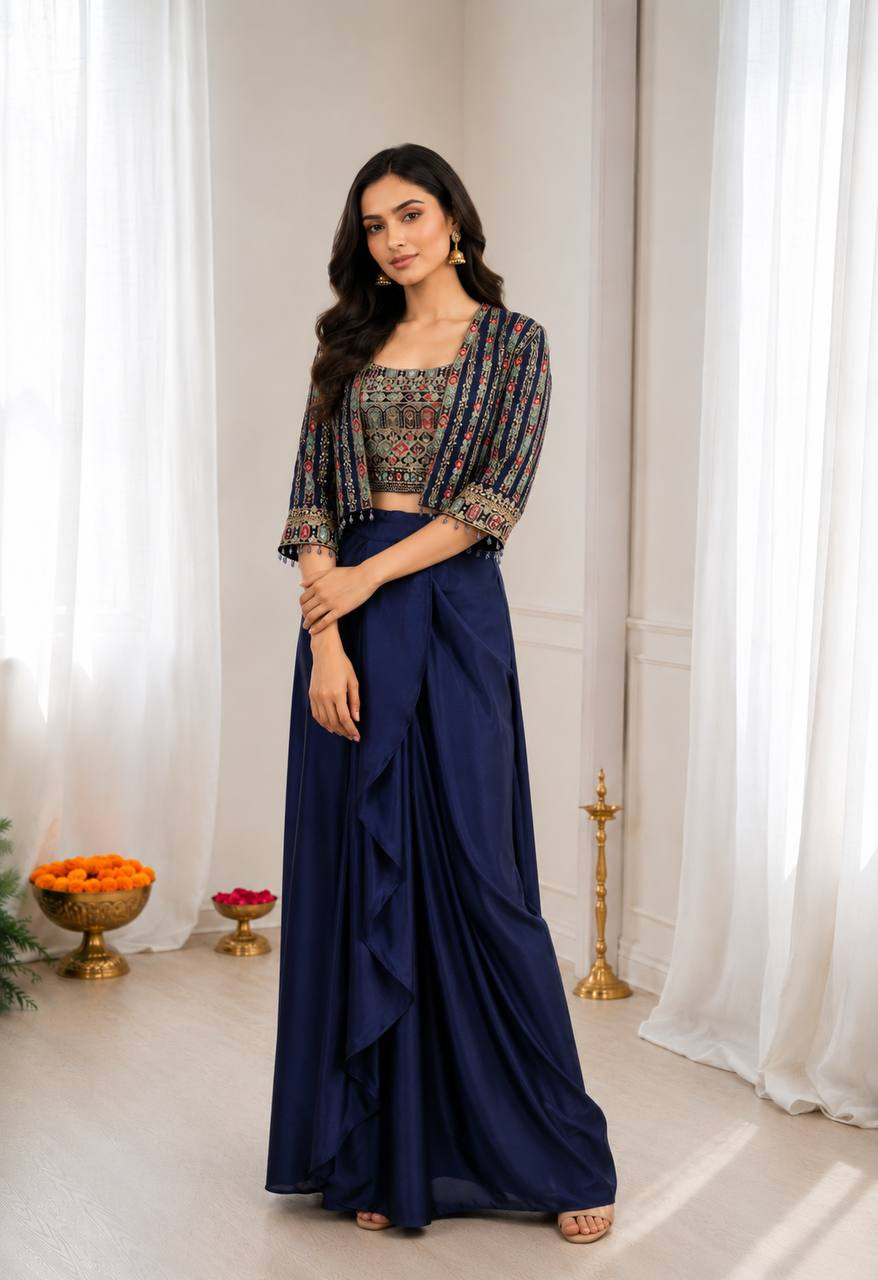 Premium Chinon Silk Koti with Dhoti Lehenga Set for Women | Embroidered Ready to Wear Festive Outfit