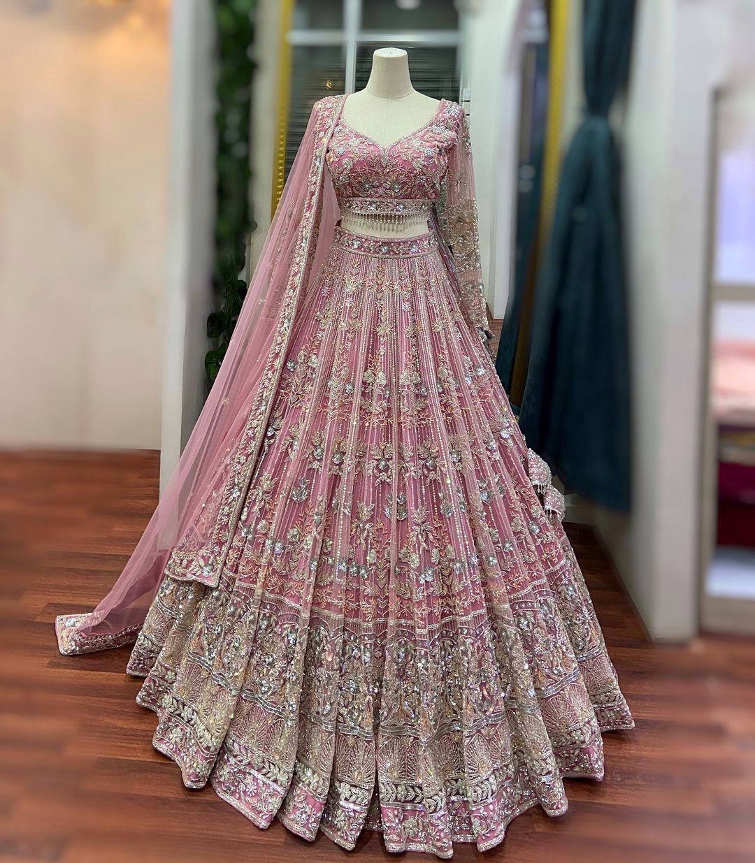 4 Meter Flared Butterfly Net Lehenga | Sequins Embroidered Semi-Stitched Lehenga with Can-Can & Canvas | Premium Quality Party & Wedding Wear