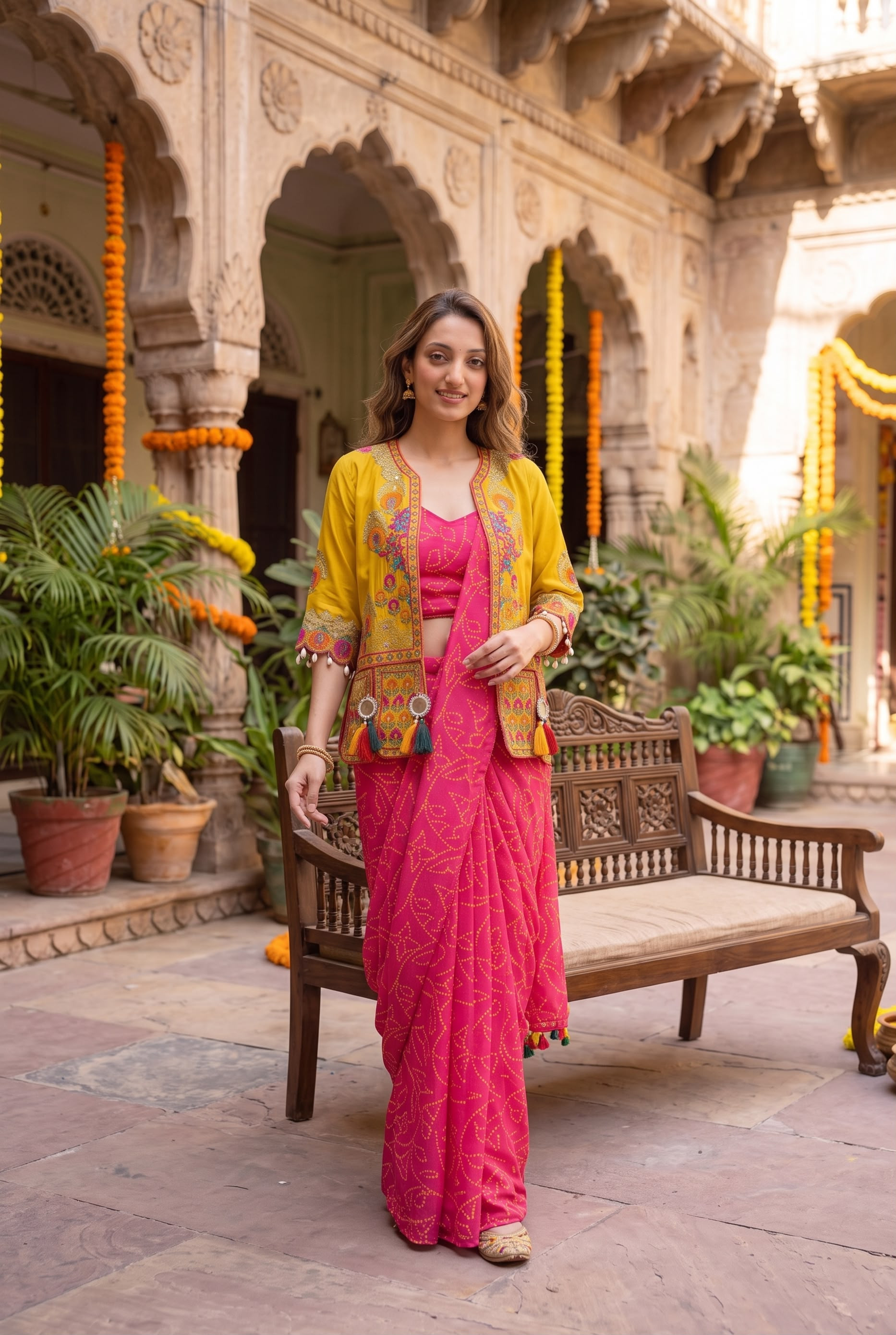 Premium Ready to Wear Chinon Silk Saree with Mirror Work Embroidered Jacket & Stitched Blouse