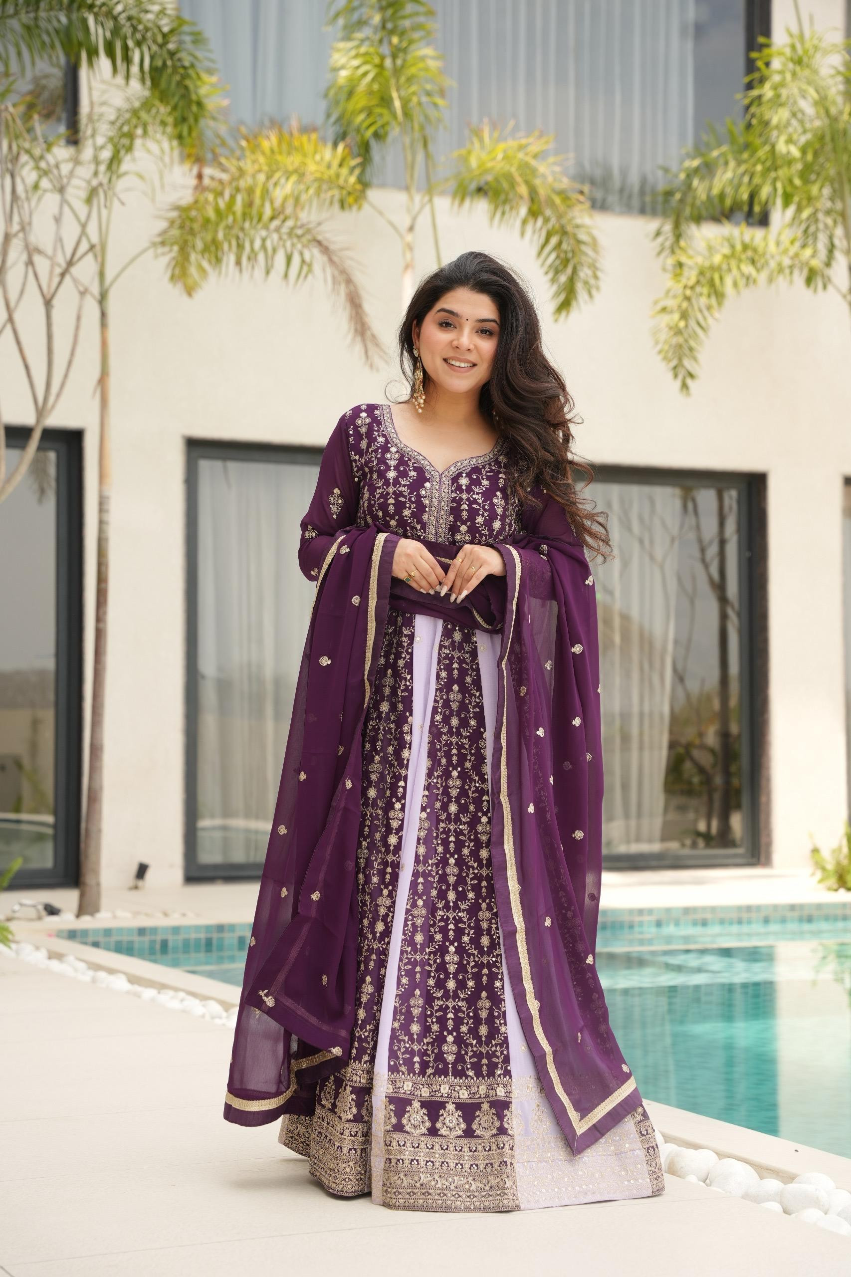 Royal Blossom Embroidered Gown Set with Matching Dupatta