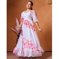 Elegant White Printed Georgette Stitched Gown with Short Sleeves & Full Inner Lining