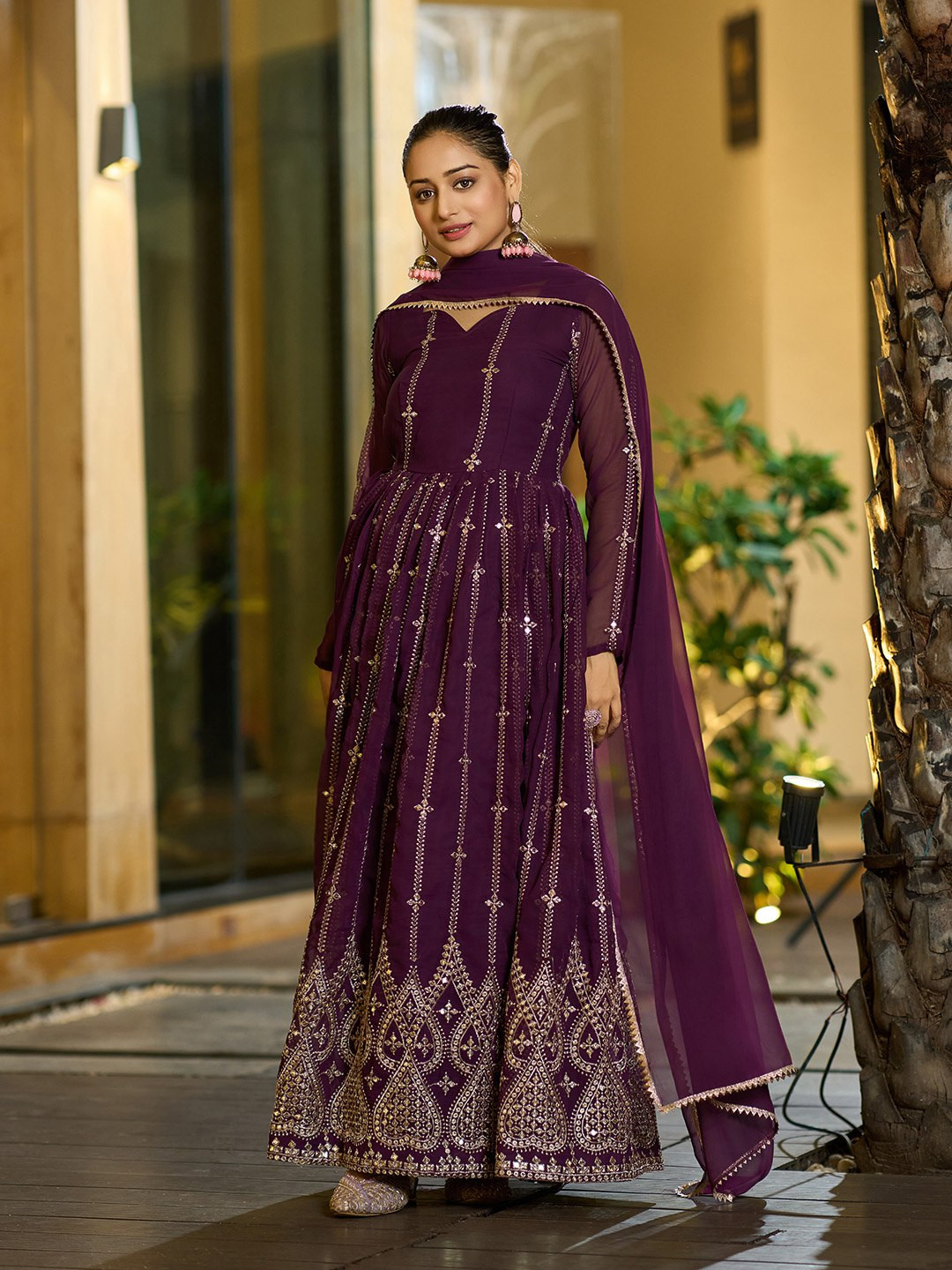 Embroidered Georgette Stitched Anarkali Gown with Dupatta – Purple, Full Sleeves, Designer Lace Border