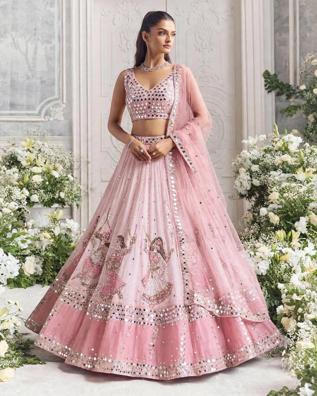 4 Meter Flared Premium Star Georgette Lehenga with Digital Print & Real Mirror Work