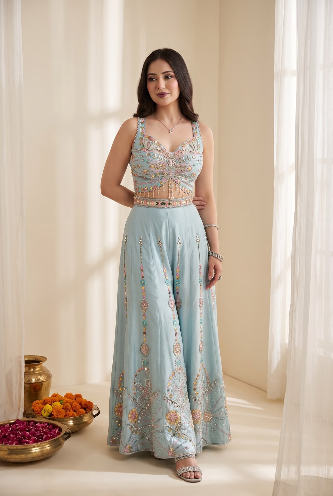 Festive Ready 3-Piece Rangoli Silk Embroidered Blouse Palazzo & Dupatta Set