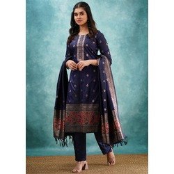 Blue Woven Design Women’s Silk Kurta Pant Dupatta Set