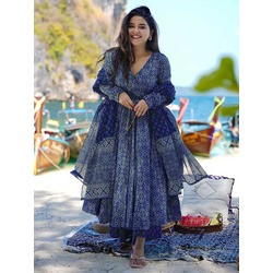Royal Blue Printed Rayon Slub Anarkali Pant Dupatta Set for Women