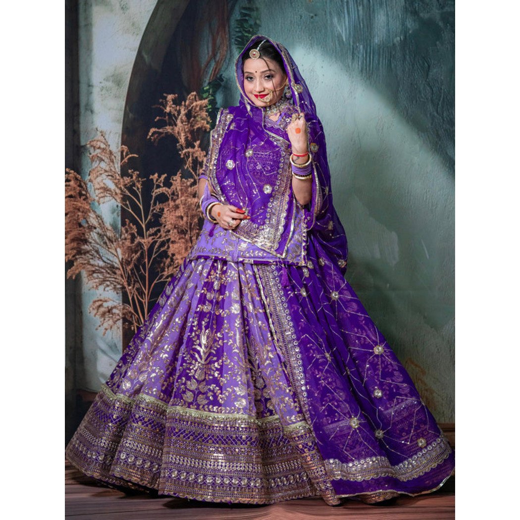 4 Miter full Gher Vintage Georgette Premium Rajputi Poshak Suit In Purple color