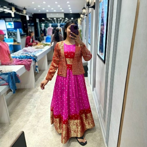 Designer Bandhej Kanjiveram Silk Gown Set with Koti | Festive & Wedding Wear