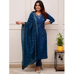 Women’s Embroidered Tesla Kurta Pant Dupatta Set with Vichitra Dupatta – Cerulean Blue