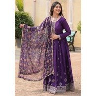 Embroidered Georgette Stitched Anarkali Gown with Dupatta – Purple, Full Sleeve, Party & Wedding Wear