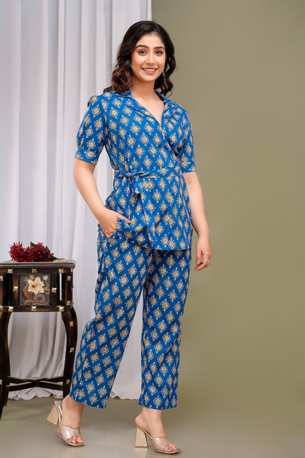 Blue Coloured Women's Pure Cotton Floral Printed Co-ord Sets