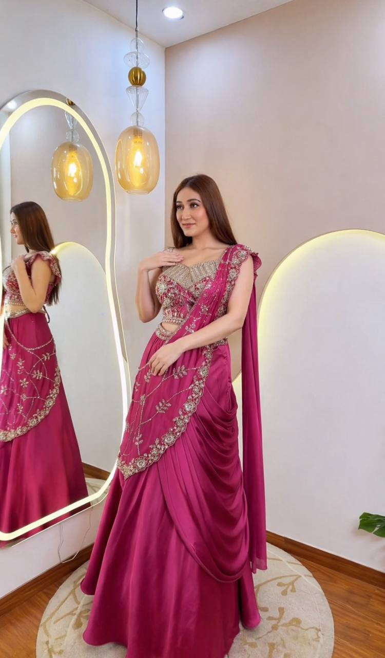 Premium Crepe Silk Embroidered Lehenga Style Saree with Ready-to-Wear Blouse | Indo-Western Party Wear Saree
