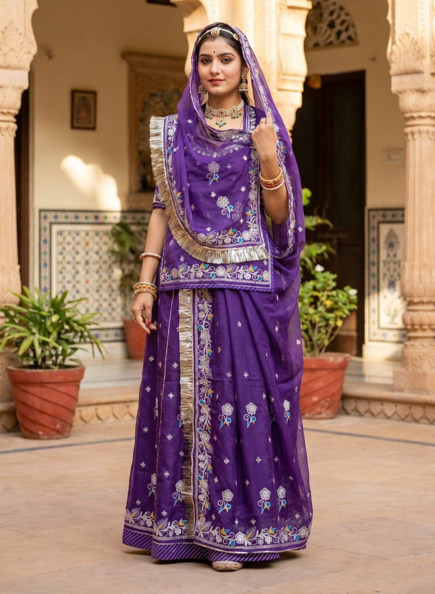 Traditional Rajputi Poshak Unstitched Roman Simmar Suit with Zari Work & Japani Tora Odhna