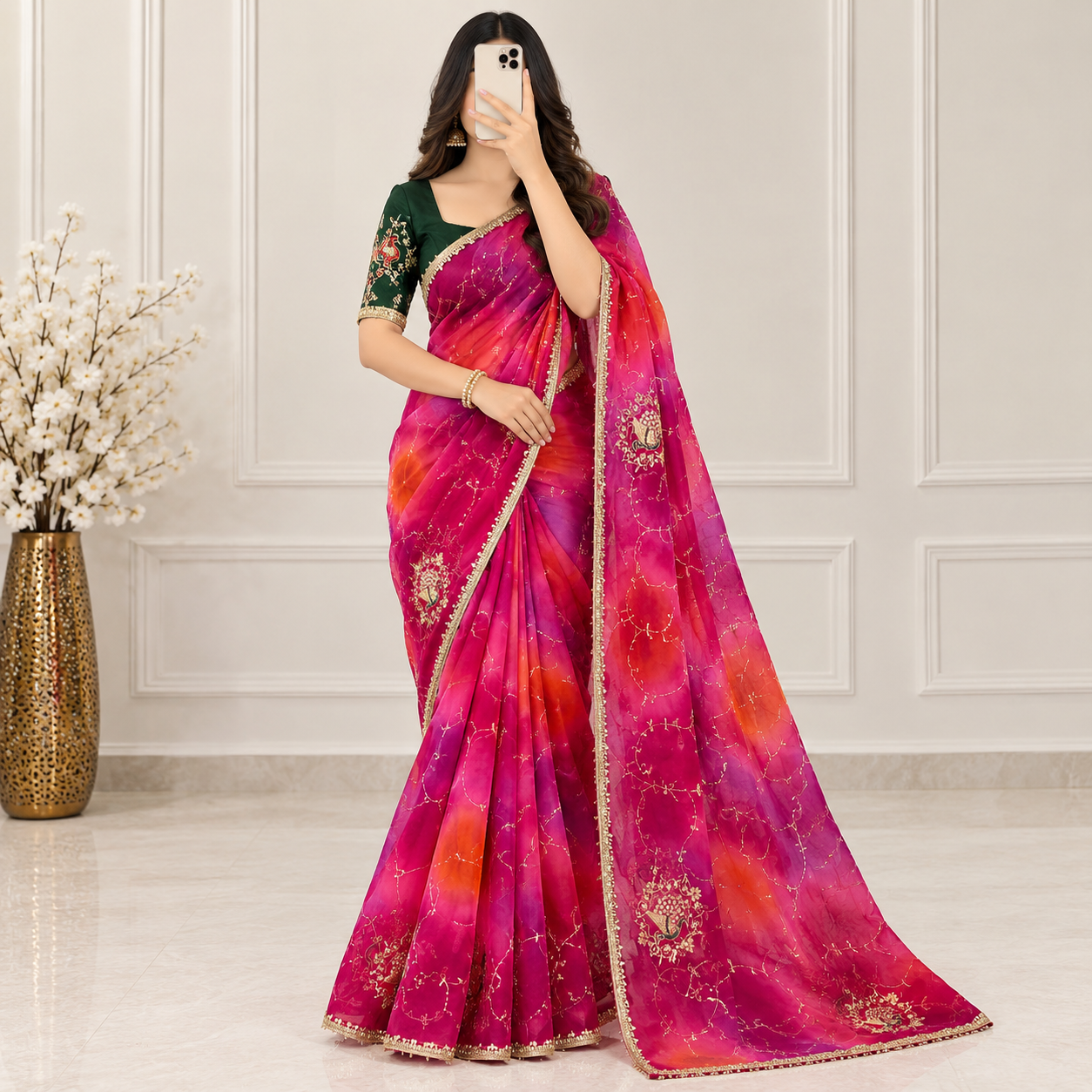 Premium Royal Georgette Multicolour Peacock Sequence Work Saree with Matching Contrast Blouse