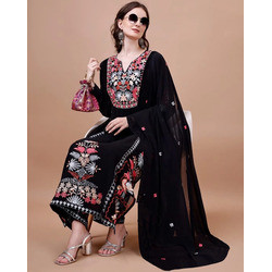 Women’s Black Georgette Embroidered Kurta Palazzo Dupatta Set