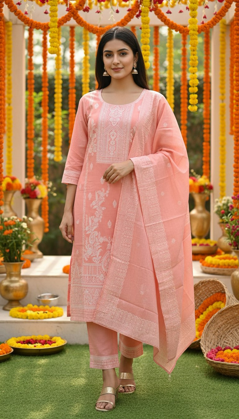 Pure Cotton Jacquard Printed Kurta, Pant & Dupatta Set