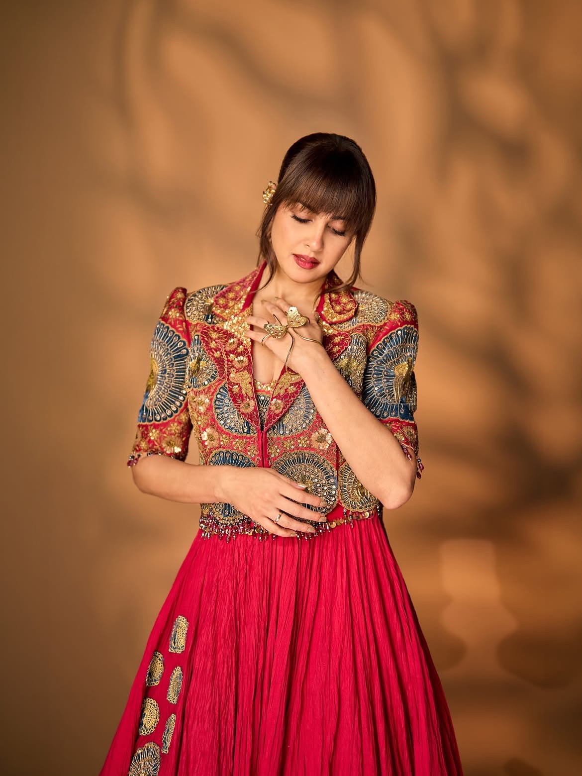 Red Rangoli Crush Silk Lehenga Koti Set with Embroidery Sequins Work