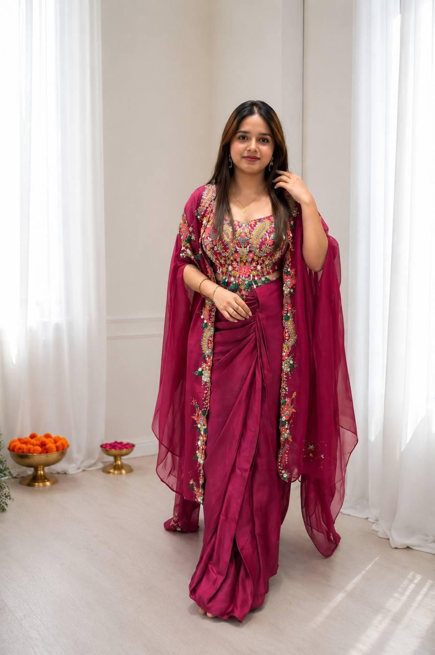 Trending Party Wear Embroidered Shrug with Sharara & Blouse – 3 Piece Festive Set