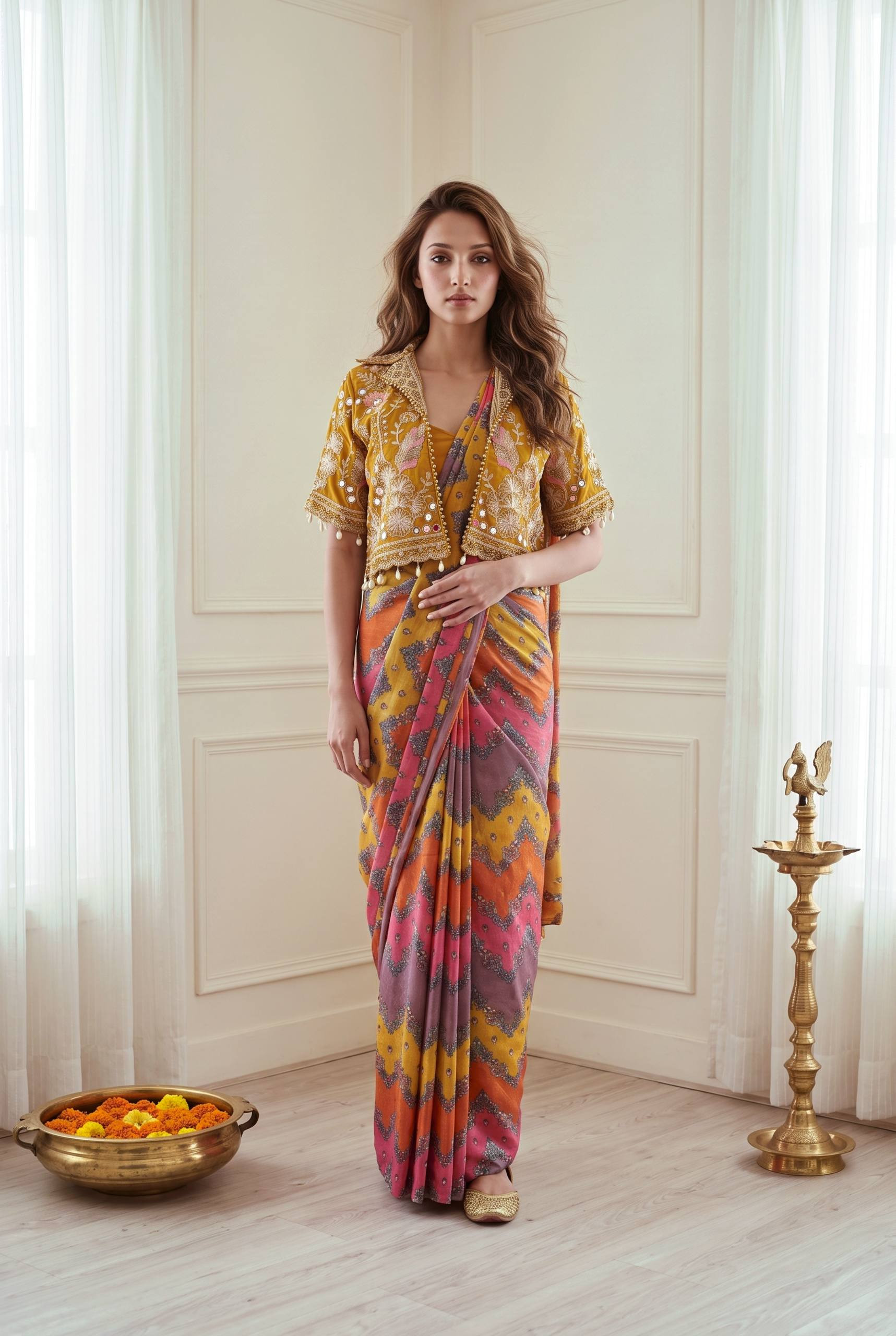 Premium Ready-to-Wear Heavy Chinon Silk Saree with Embroidery Mirror Work Koti
