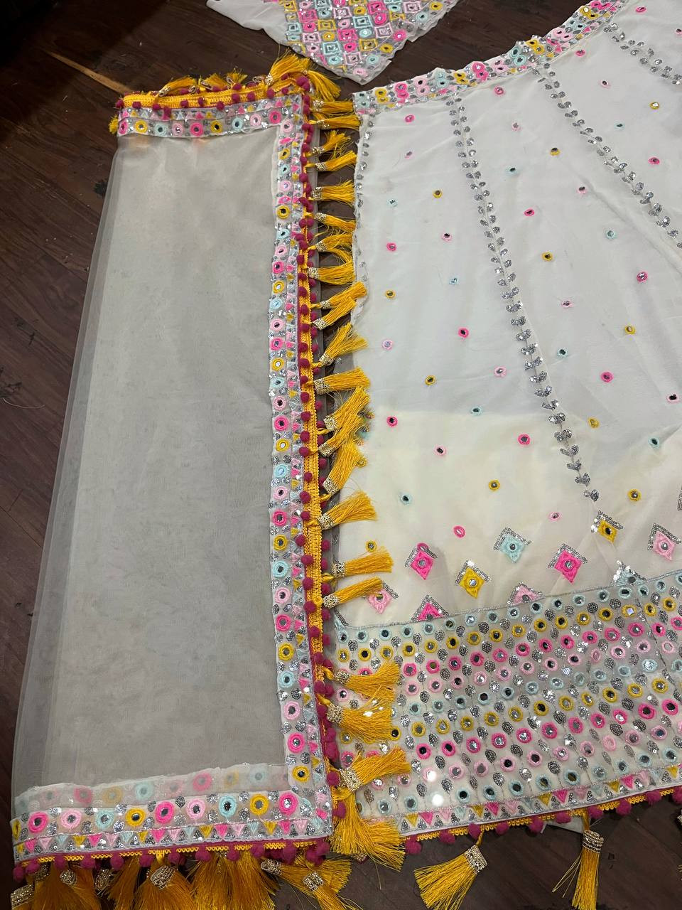 Real Mirror & Sequins Thread Lehenga with Can-Can & Canvas Layers – Glamorous Fox Georgette Semi-Stitched Set