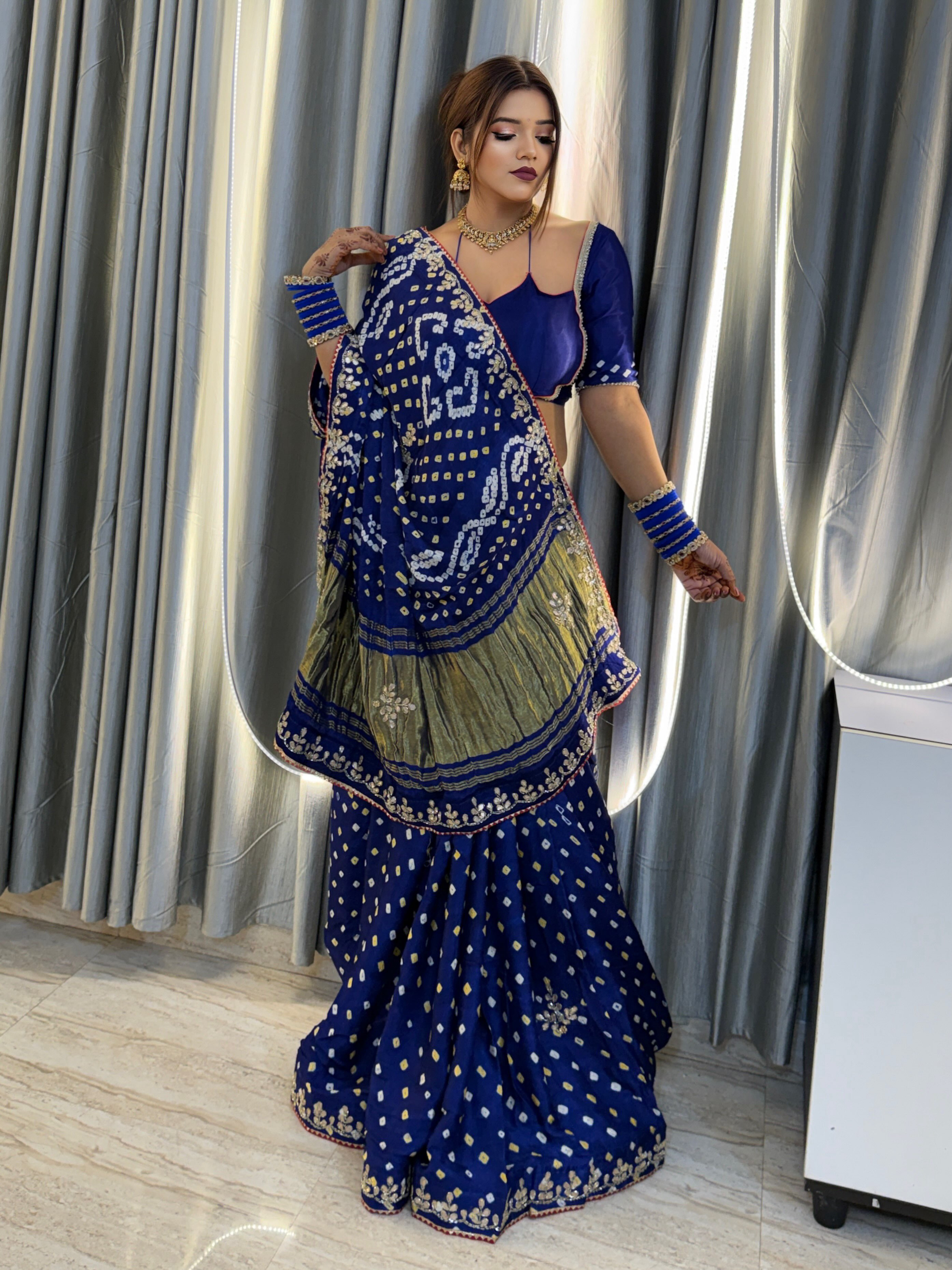 Designer Gaji Silk Bandhani Saree with Handwork Gota Patti & Lagdi Patta
