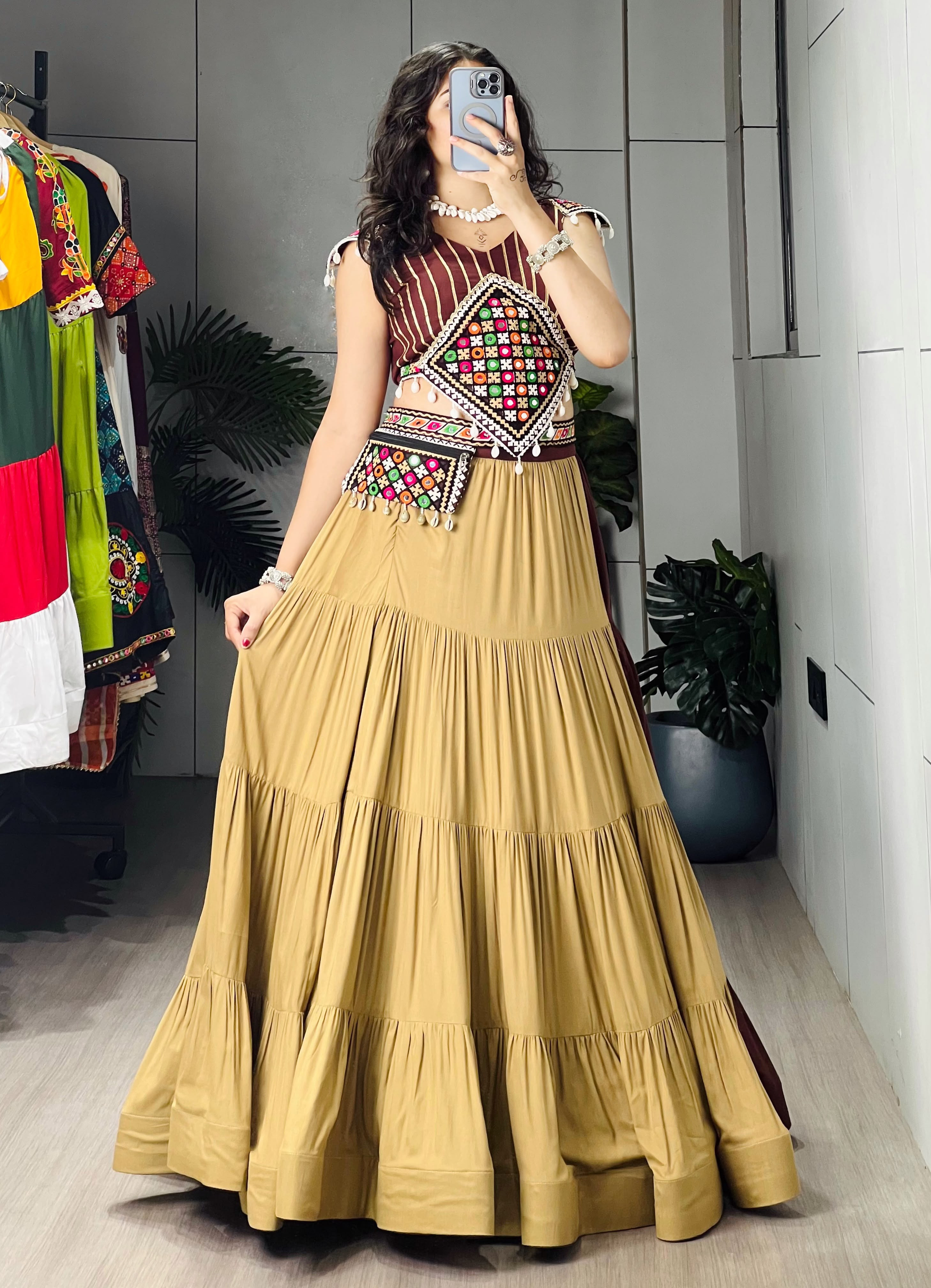 Brown Cream Chaniya Choli Lehenga Set For Women