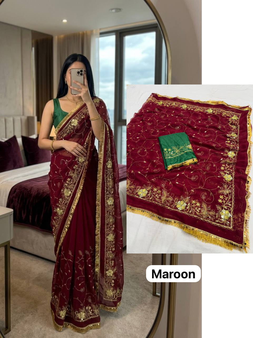 Premium Royal Georgette Darbari Saree with Sequins Lace Work & Matching Blouse | Elegant Party Wear Saree