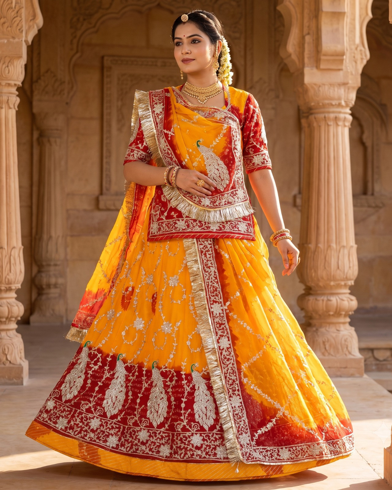 Heavy Designer Rajputi Poshak in Half Pure Fabric with Stone & Kundan Work