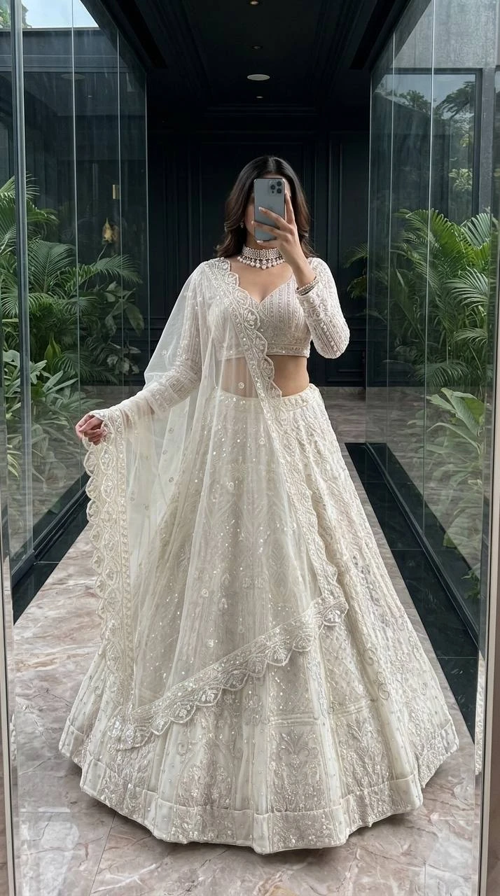 Premium Butterfly Net Embroidered Sequins Lehenga Choli with 4 Meter Flare & Dupatta | Semi-Stitched Bridal Party Wear