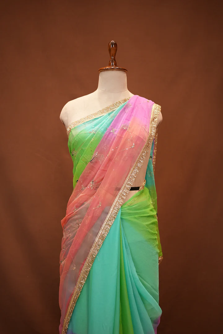 Multicolour Chinnon Saree with Peacock Design & Jaal Pattern (With Blouse)