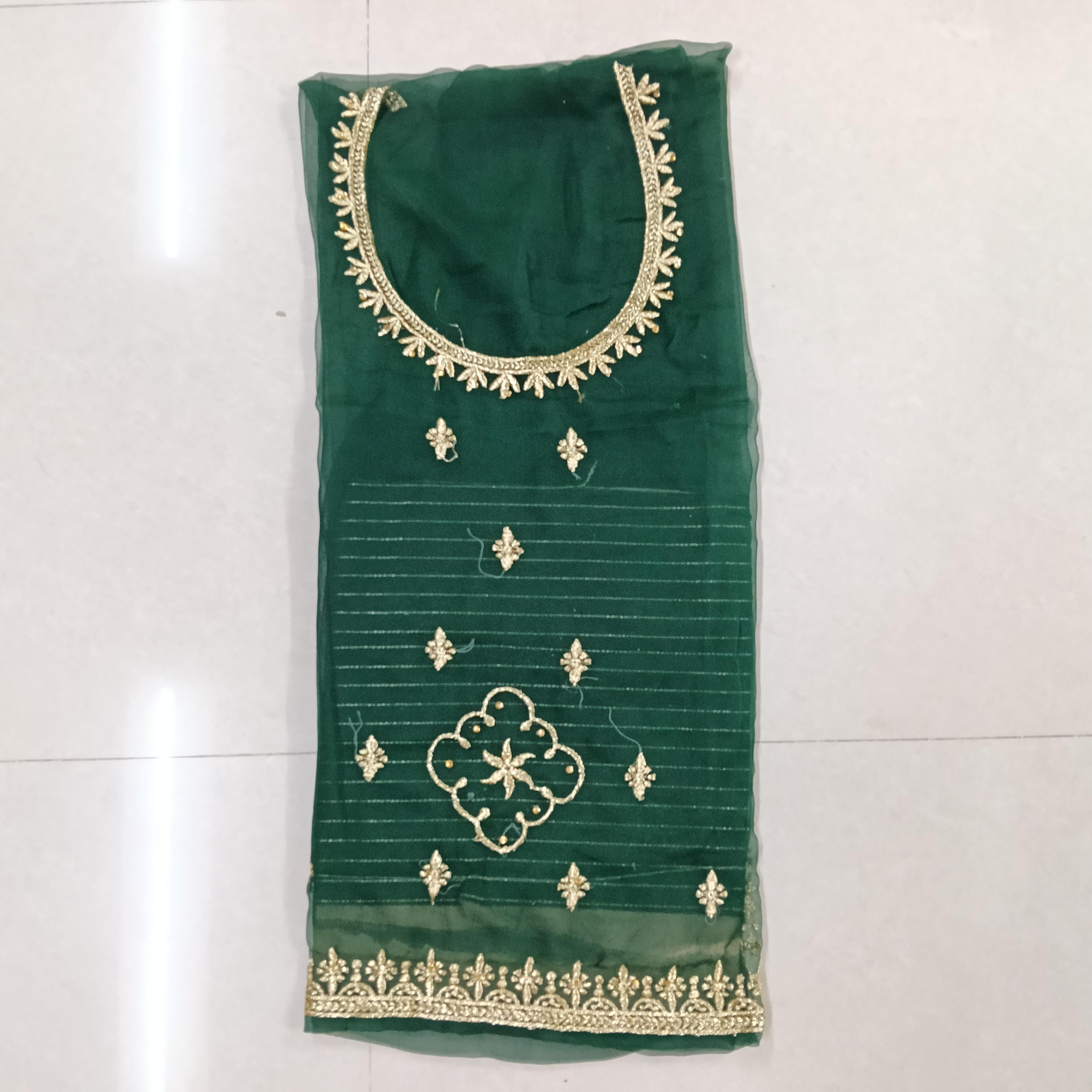 Premium Designer Poshak Set – Heavy Pure Half Fabric with Fancy Chapat Zari, Kundan Stone Work & Contrast Odhni