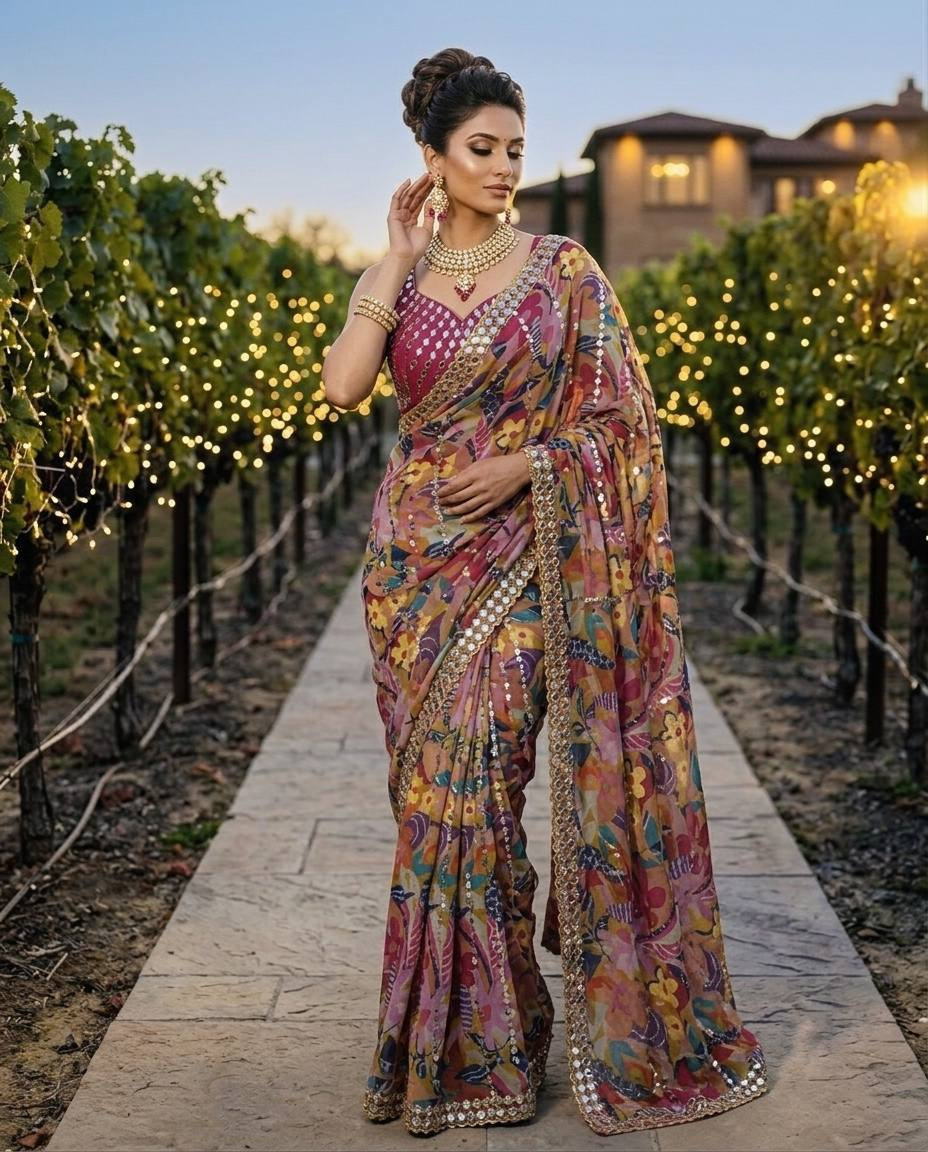 Faux Georgette Beads & Real Mirror Digital Print Saree