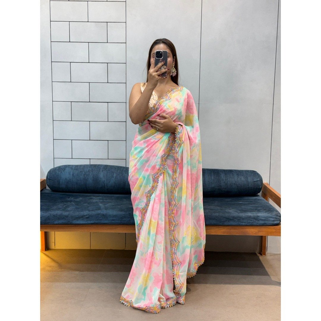 Celebrity Style Shibori Print Soft Faux Georgette Saree with Rainbow Lace