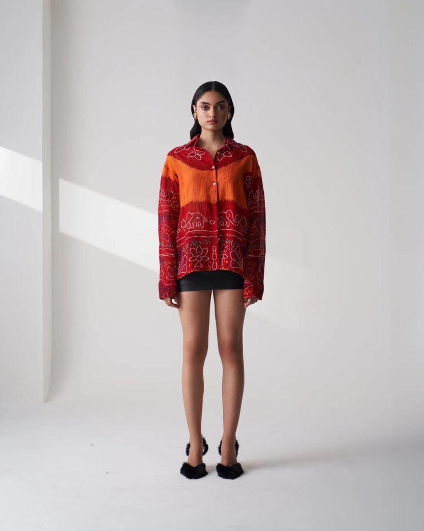 Upcycled Cotton Bandhani Odhni Summer Shirt for Women | Sustainable Boho Style