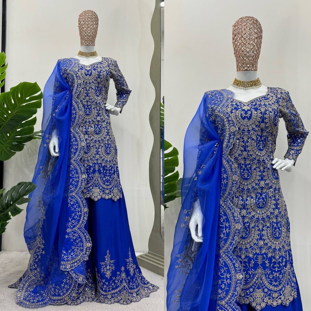 Elegant Chinon Silk Plazo Set with Sequence Thread Work