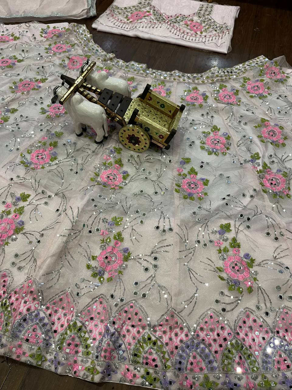 Beautiful Real Mirror Work Heavy Organza Silk Lehenga with Sequins Embroidery, Can-Can & Canvas Layers