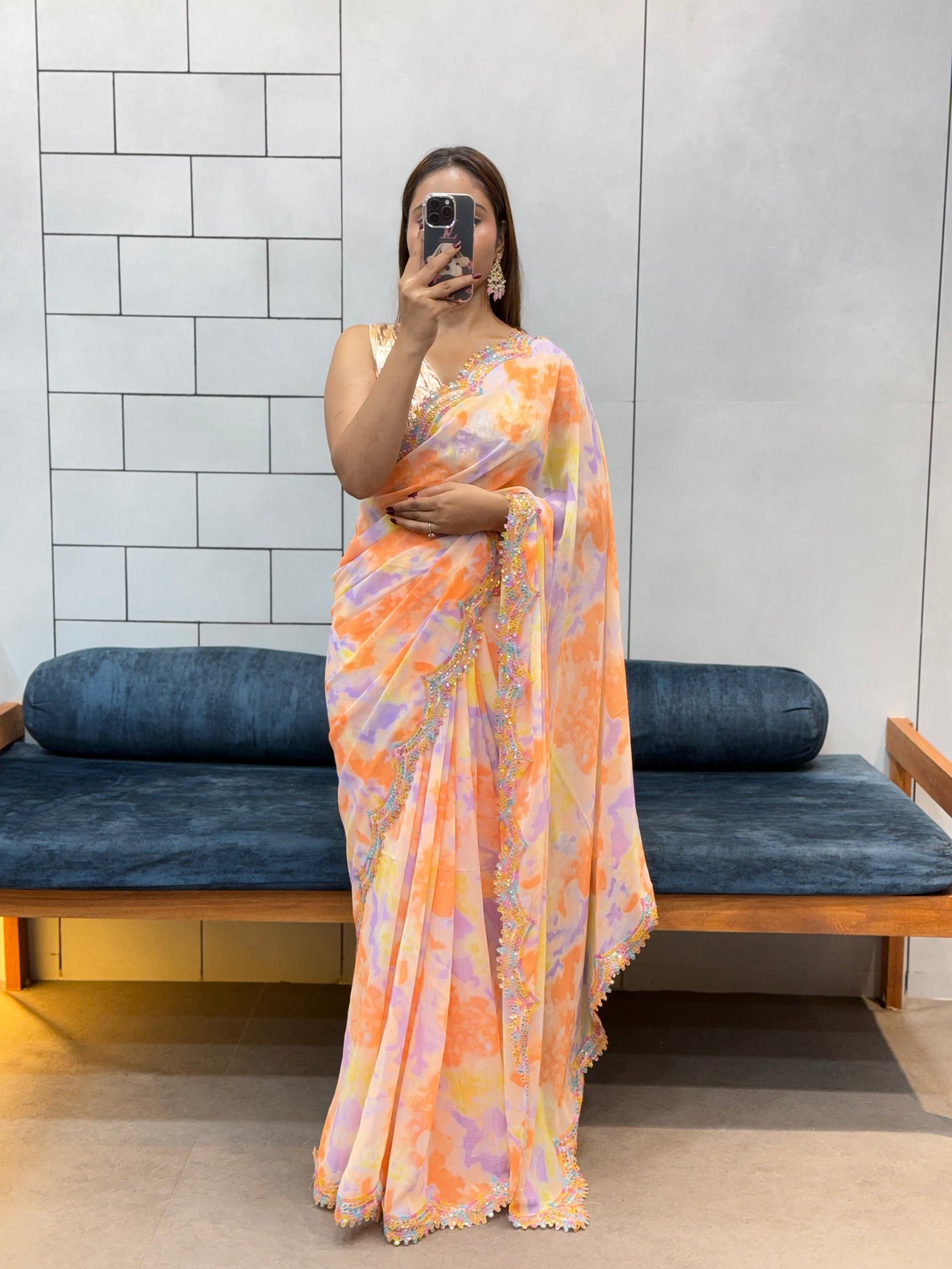 Celebrity Style Shibori Print Soft Faux Georgette Saree with Rainbow Sequin Lace & Blouse