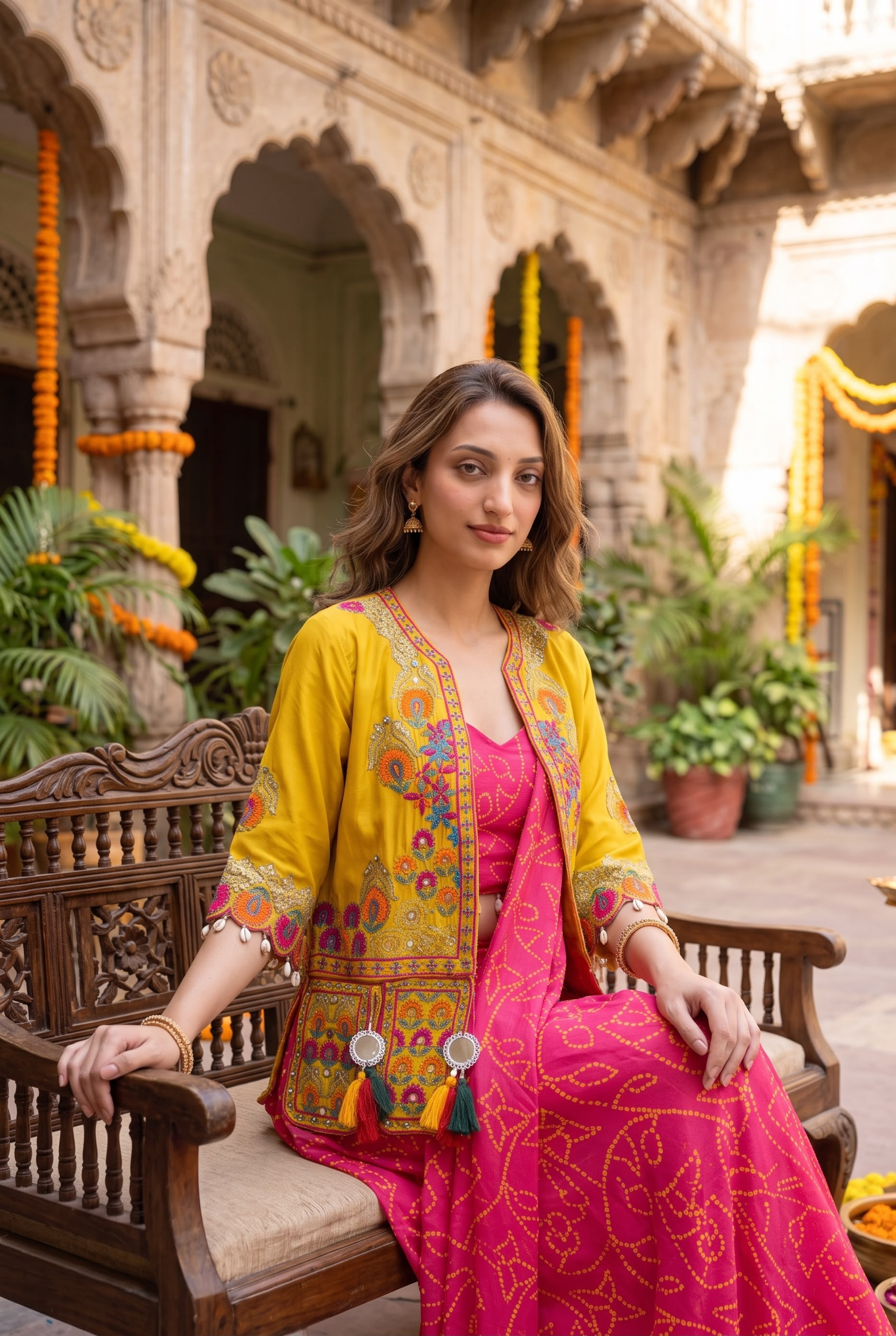 Premium Ready to Wear Chinon Silk Saree with Mirror Work Embroidered Jacket & Stitched Blouse