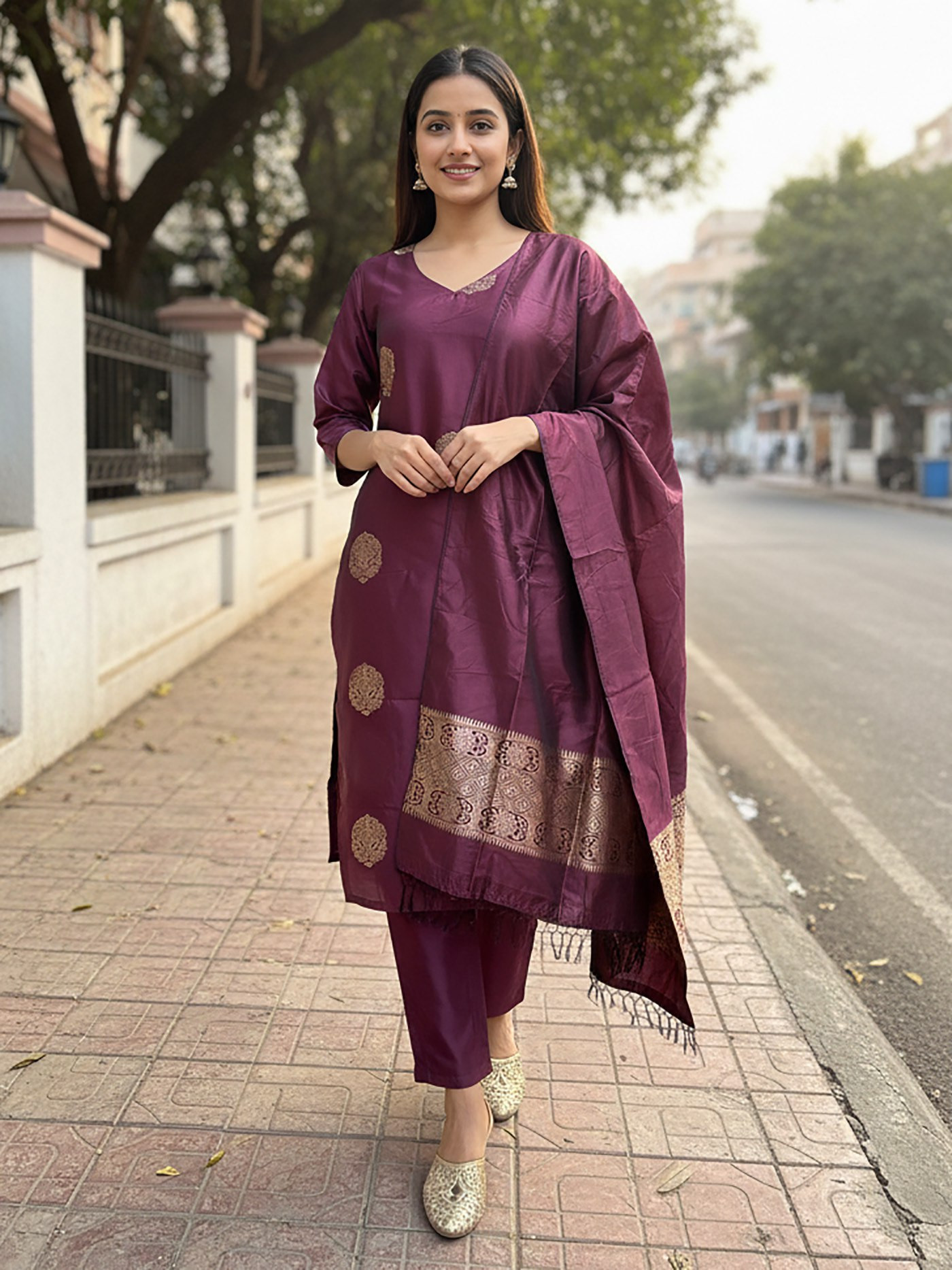 Elegant Purple Jacquard Women’s Kurta Pant Dupatta Set | Festive & Ethnic Wear